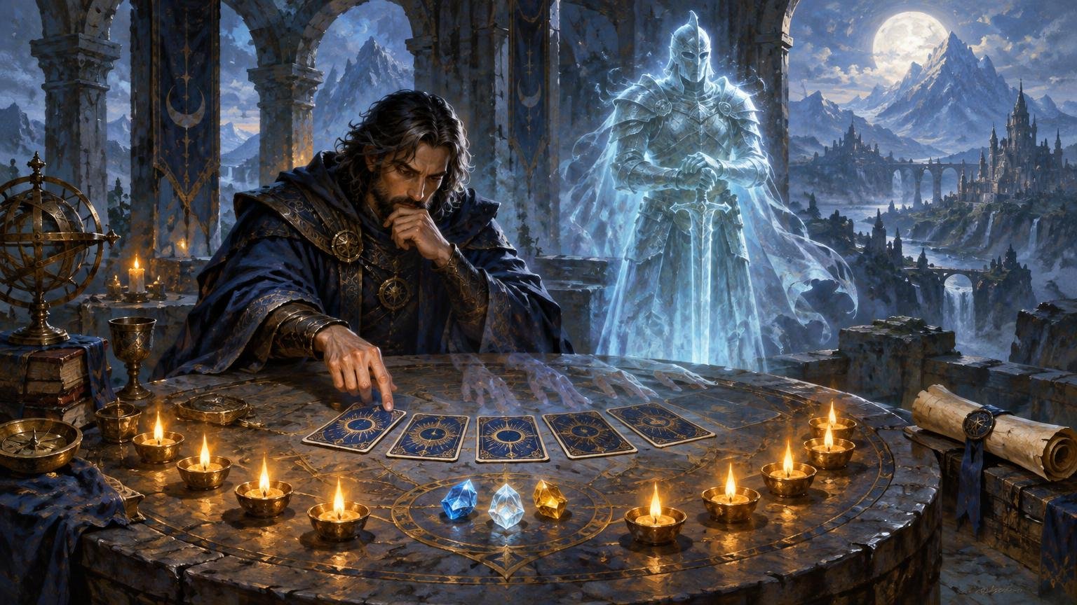 Painterly fantasy scene of a robed man studying five face-down cards at a candlelit stone table, with a glowing spectral knight, moonlit mountains, and a distant castle behind him.