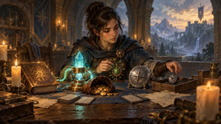 Fantasy illustration of a cloaked woman studying glowing crystal equipment, coins, maps, and stacks of blank cards on a candlelit table, with mountains and a distant castle visible through an archway.