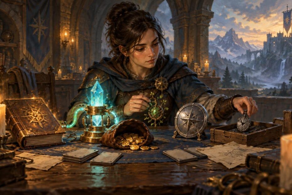 Fantasy illustration of a cloaked woman studying glowing crystal equipment, coins, maps, and stacks of blank cards on a candlelit table, with mountains and a distant castle visible through an archway.