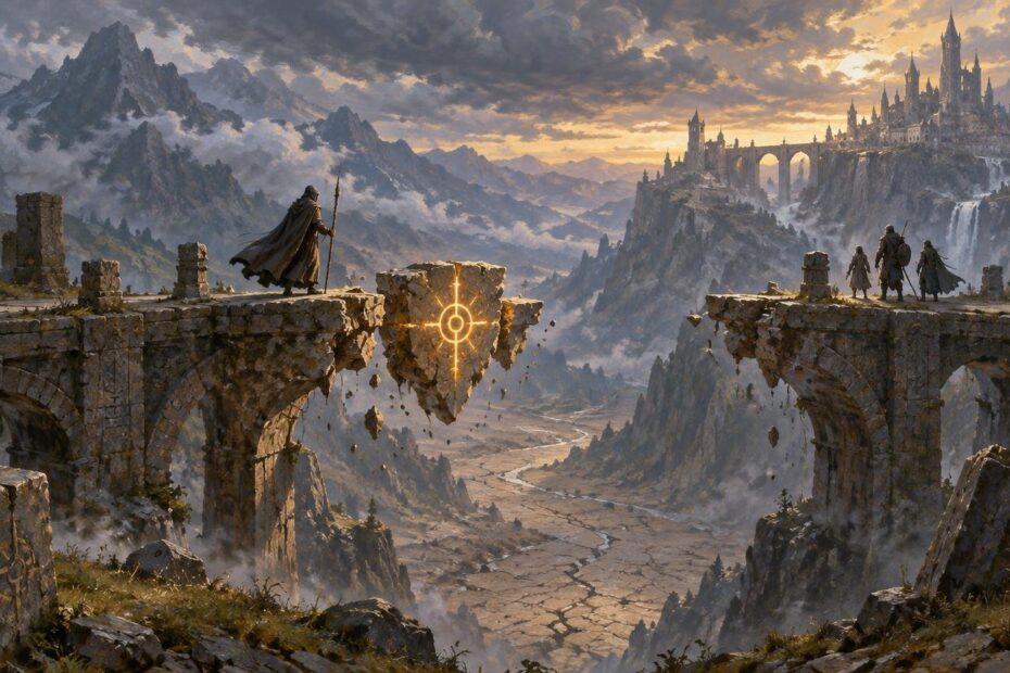 Wide fantasy landscape of a shattered stone bridge spanning a deep mountain valley, with a glowing golden sigil on a floating central fragment, four cloaked travelers, and a distant cliffside city beneath a dramatic sunset sky.