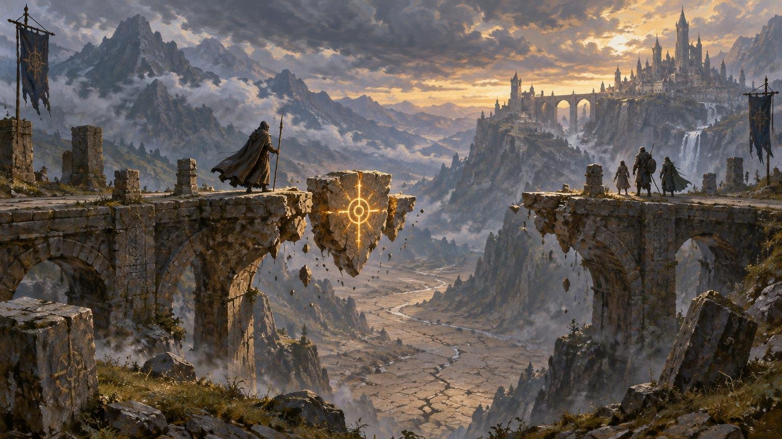 Wide fantasy landscape of a shattered stone bridge spanning a deep mountain valley, with a glowing golden sigil on a floating central fragment, four cloaked travelers, and a distant cliffside city beneath a dramatic sunset sky.
