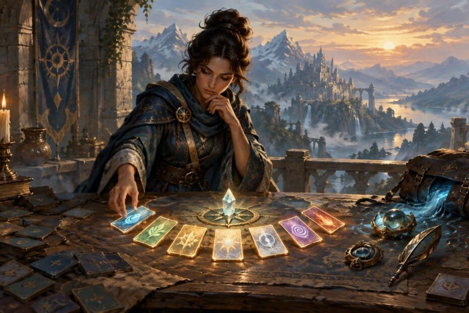 Fantasy strategist arranges glowing illustrated cards around a crystal on a table, overlooking a mountain city at sunset.