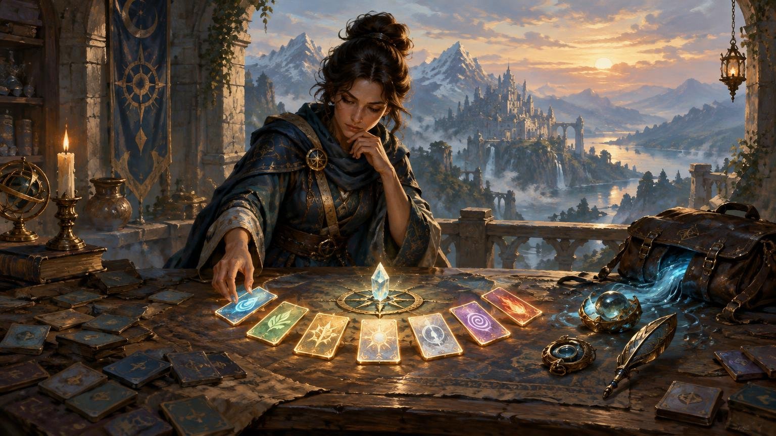 Fantasy strategist arranges glowing illustrated cards around a crystal on a table, overlooking a mountain city at sunset.