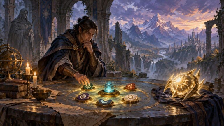 Painterly fantasy scene of a cloaked strategist arranging glowing symbol tokens on a circular stone table, framed by ruined arches overlooking waterfalls, mountains, and a distant spired city at sunset.