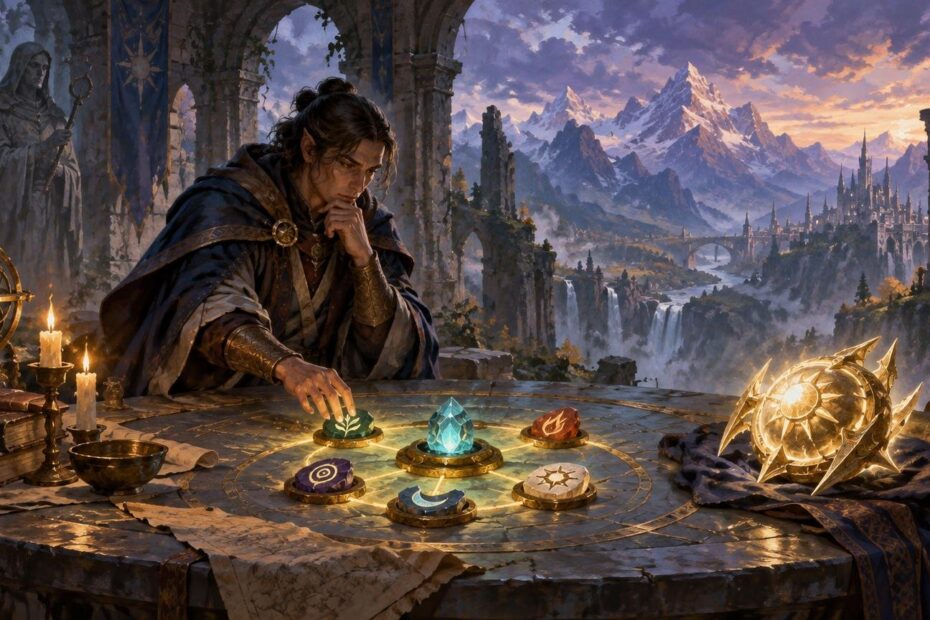 Painterly fantasy scene of a cloaked strategist arranging glowing symbol tokens on a circular stone table, framed by ruined arches overlooking waterfalls, mountains, and a distant spired city at sunset.