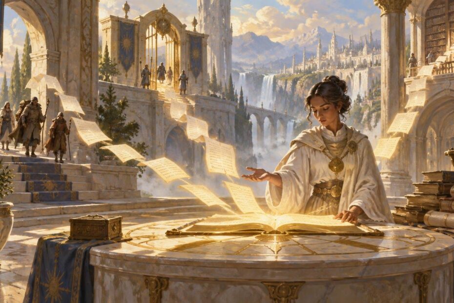 Painterly fantasy scene of a robed scholar reading a glowing open book at a circular table in a sunlit white-stone city, with loose pages floating around her and waterfalls and mountains beyond.