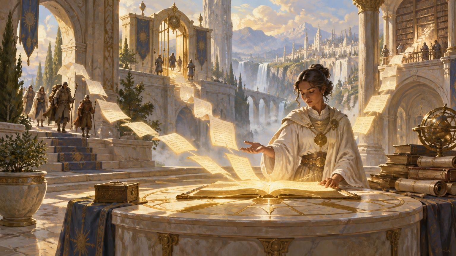 Painterly fantasy scene of a robed scholar reading a glowing open book at a circular table in a sunlit white-stone city, with loose pages floating around her and waterfalls and mountains beyond.