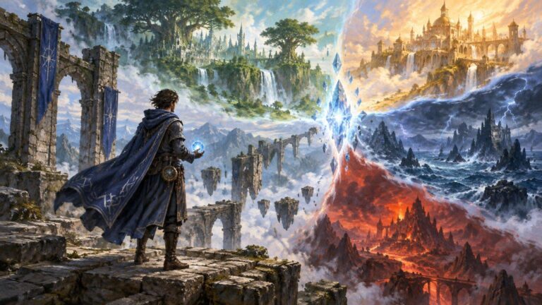 Wide fantasy painting of a blue-cloaked mage holding a glowing orb before a radiant crystal rift that divides floating ruins and green waterfalls from a sunlit castle, stormy sea, and fiery volcanic landscape.