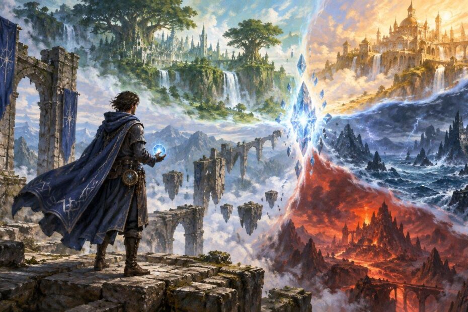 Wide fantasy painting of a blue-cloaked mage holding a glowing orb before a radiant crystal rift that divides floating ruins and green waterfalls from a sunlit castle, stormy sea, and fiery volcanic landscape.